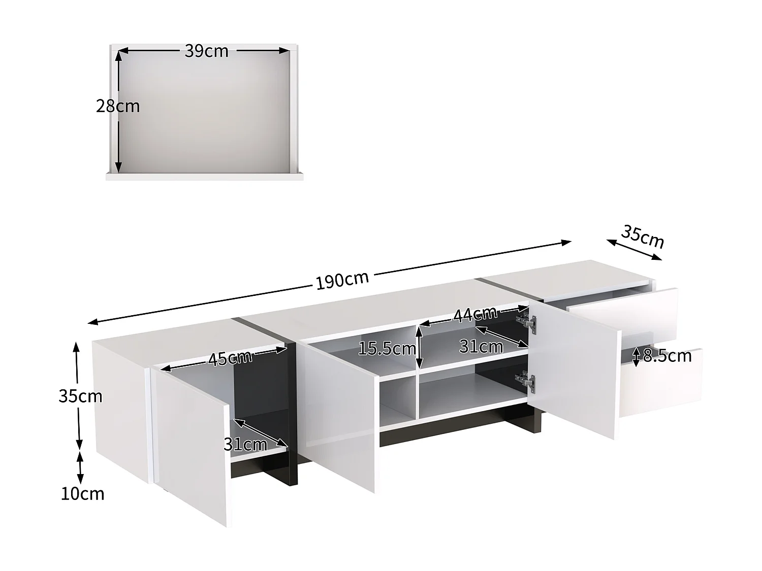 Meuble TV 190x35x45 cm, finition brillante, 3 portes avec étagères intérieures, 2 tiroirs, panneaux de particules, blanc et noir