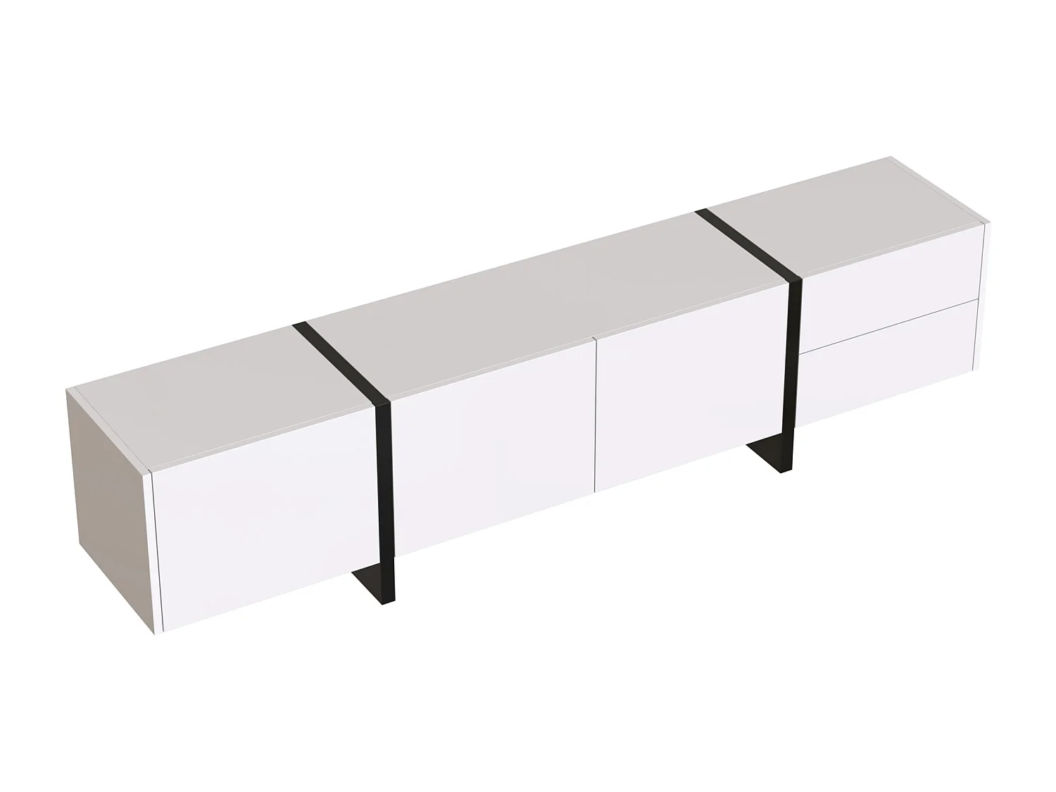 Meuble TV 190x35x45 cm, finition brillante, 3 portes avec étagères intérieures, 2 tiroirs, panneaux de particules, blanc et noir