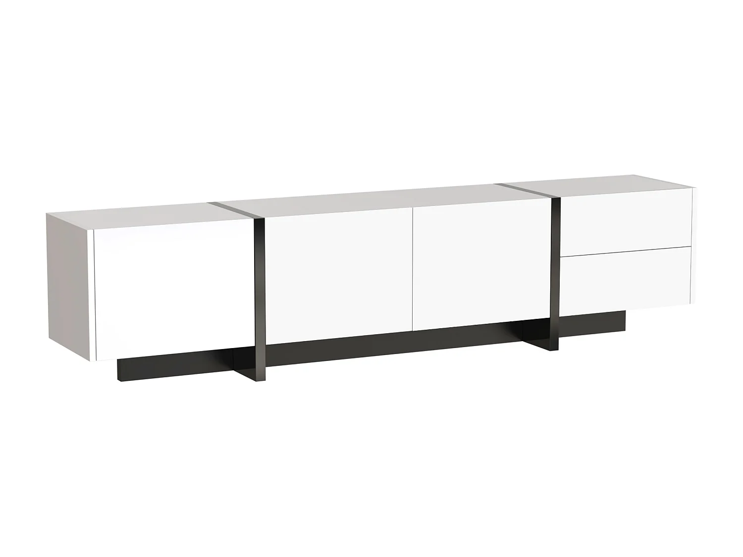 Meuble TV 190x35x45 cm, finition brillante, 3 portes avec étagères intérieures, 2 tiroirs, panneaux de particules, blanc et noir