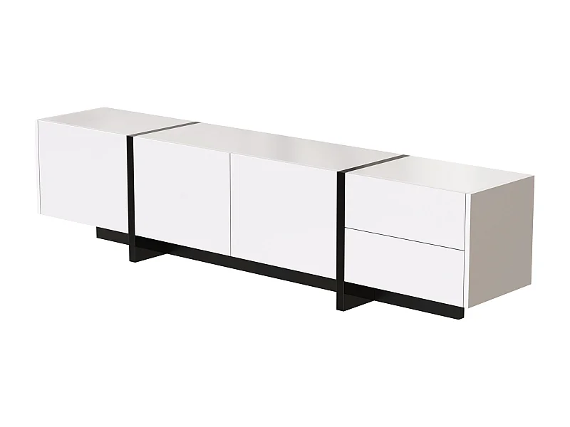 Meuble TV 190x35x45 cm, finition brillante, 3 portes avec étagères intérieures, 2 tiroirs, panneaux de particules, blanc et noir