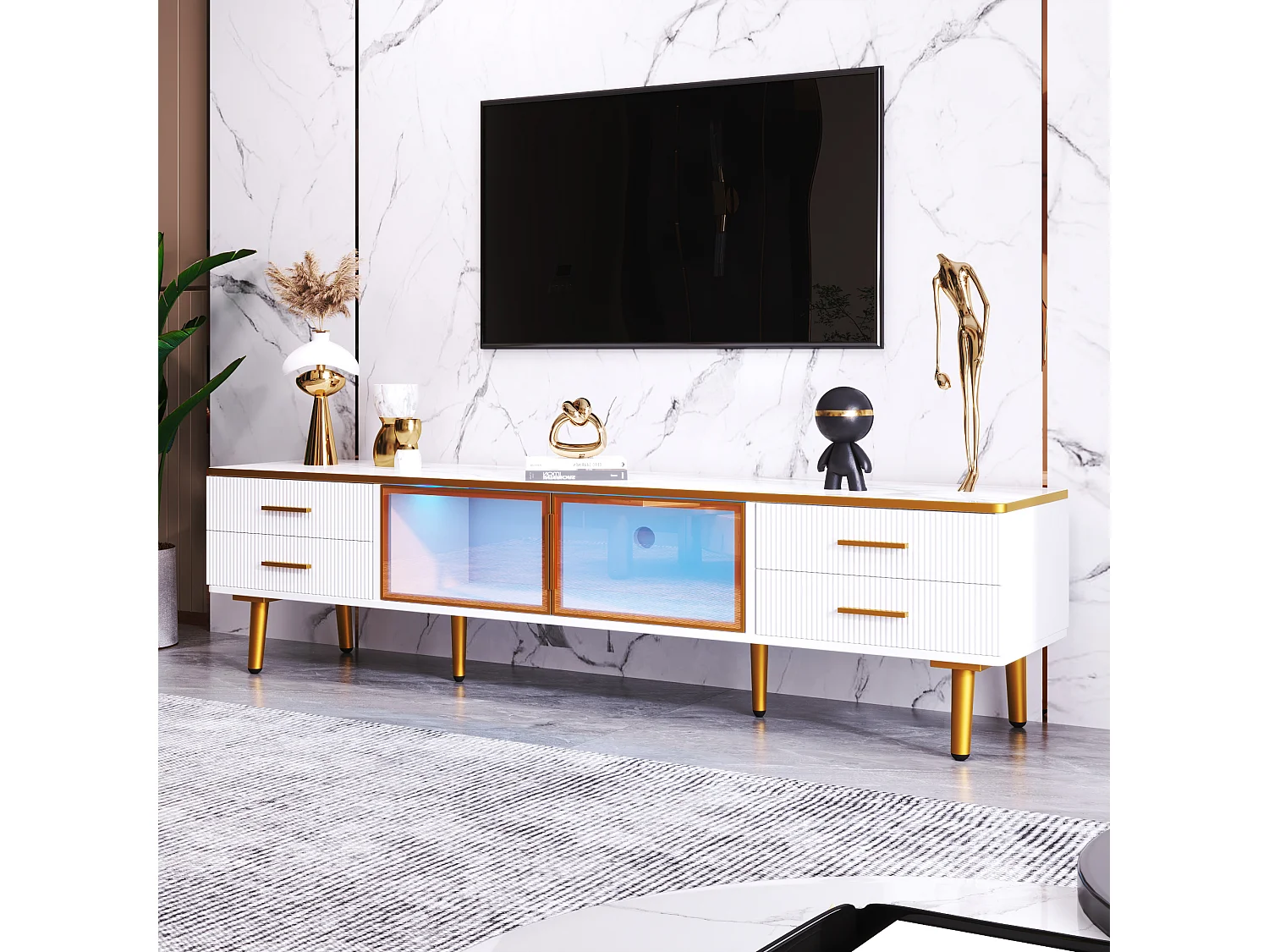 Meuble TV 170x37x47.5 cm + Table basse 100x50x40 cm avec LED tiroirs et placards Panneaux de particules en blanc pour salon