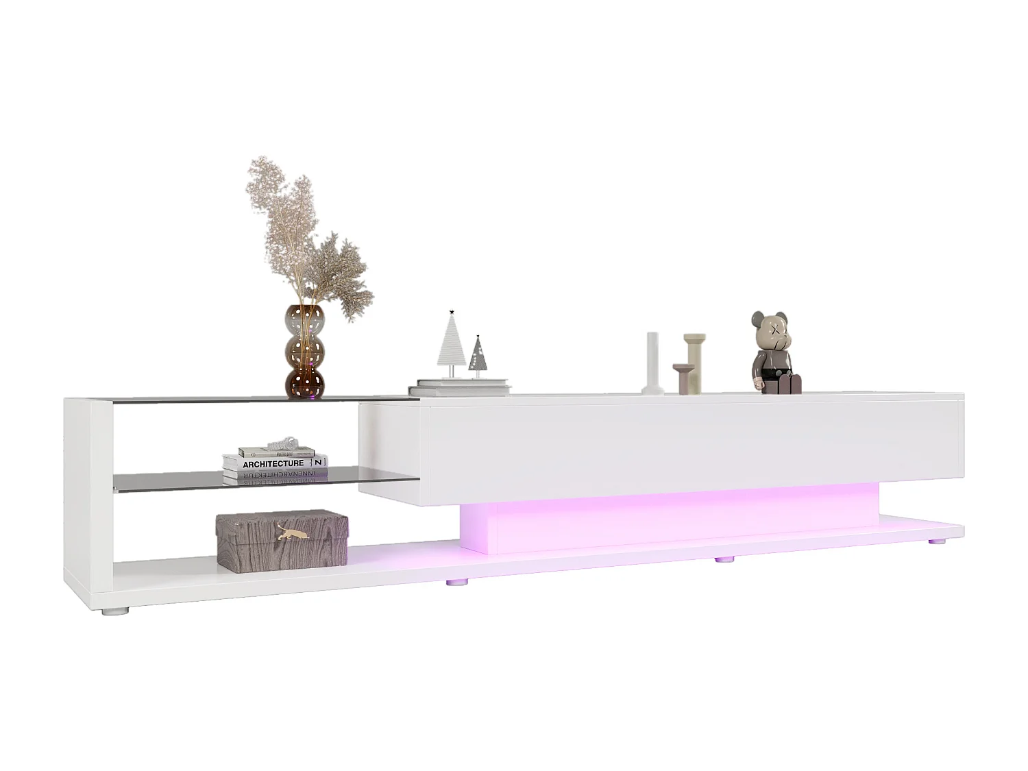 Meuble TV 170x36x38 cm avec LED Deux tiroirs et deux étagères Panneaux de particules en blanc pour salon