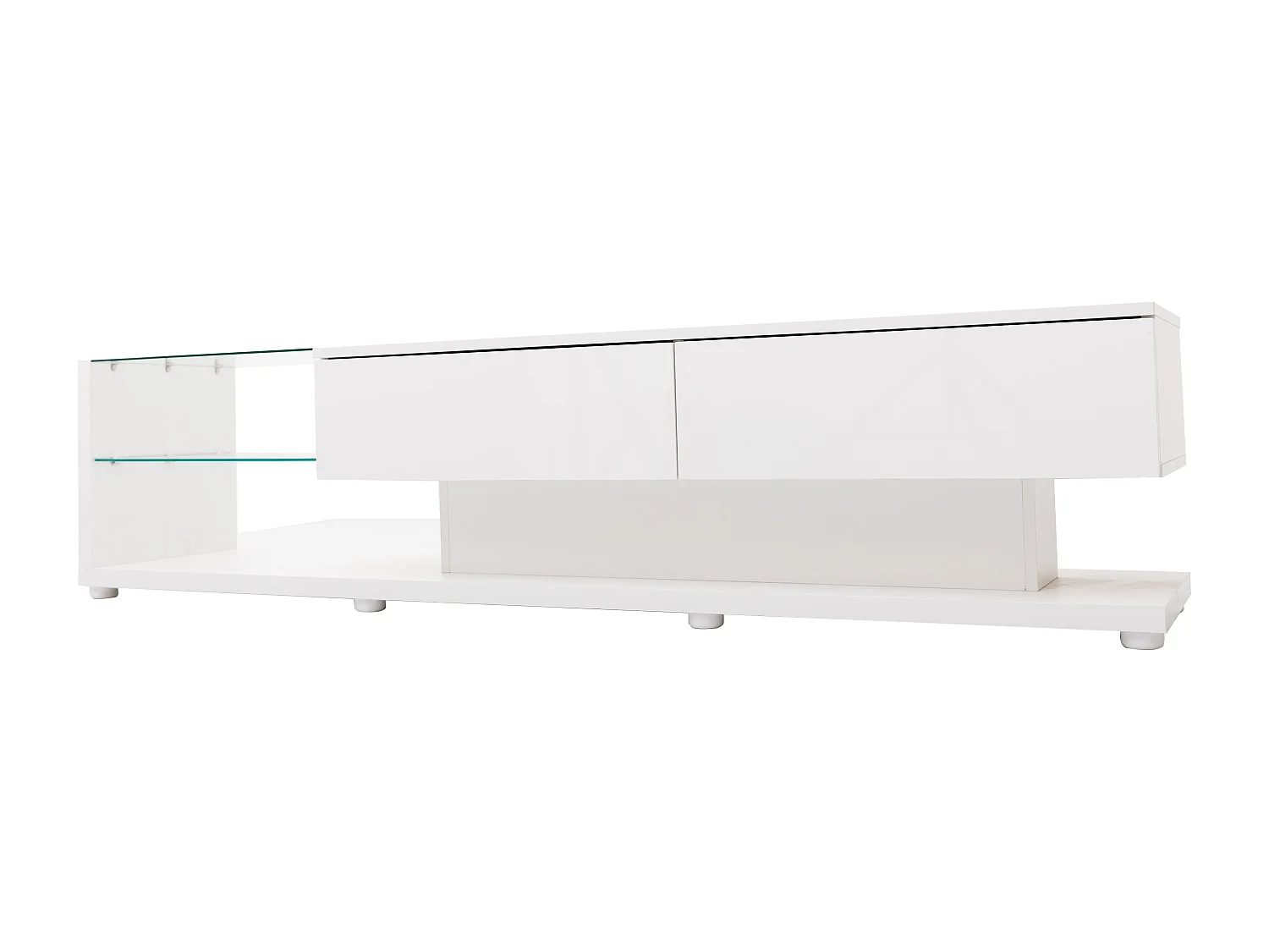 Meuble TV 170x36x38 cm, éclairage LED variable, 2 tiroirs, 2 étagères en verre, panneau de particules, blanc