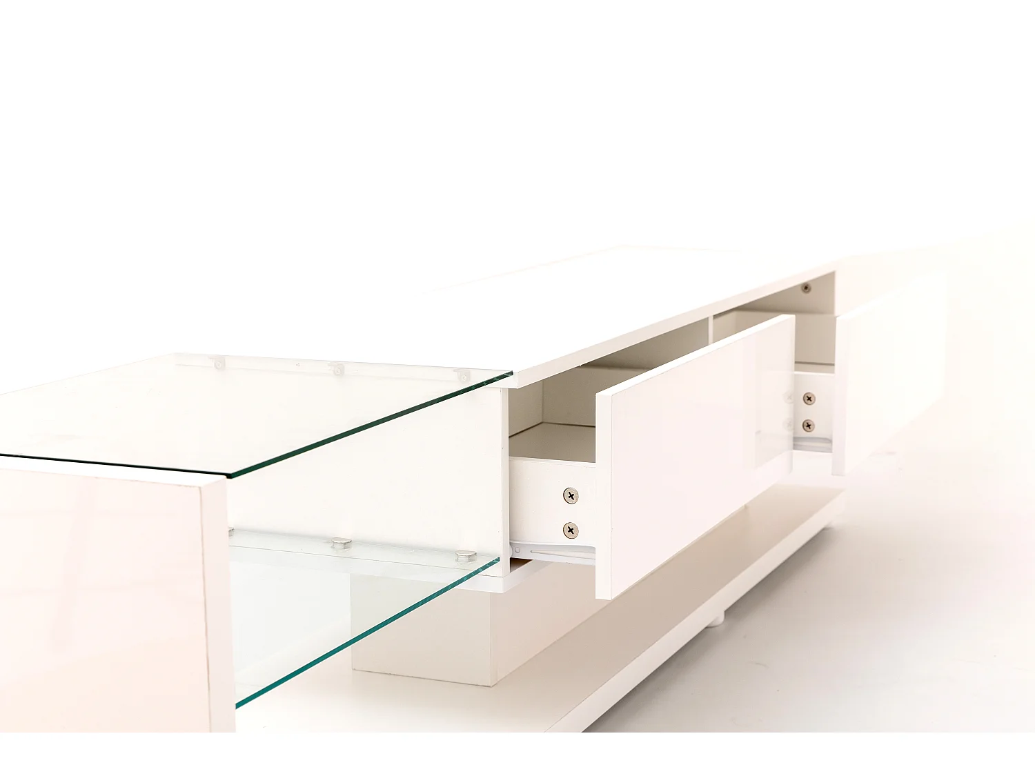 Meuble TV 170x36x38 cm, éclairage LED variable, 2 tiroirs, 2 étagères en verre, panneau de particules, blanc