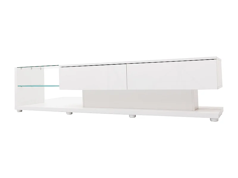 Meuble TV 170x36x38 cm, éclairage LED variable, 2 tiroirs, 2 étagères en verre, panneau de particules, blanc