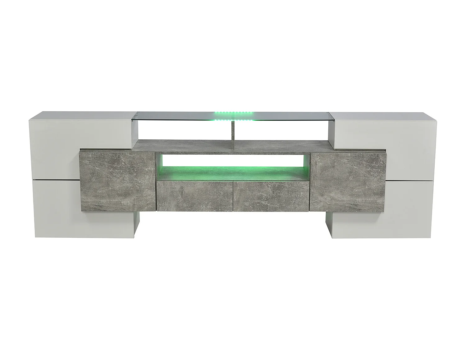 Meuble TV 200x35x60 cm avec LED Six portes et deux tiroirs et trois compartiments Matériau MDF en blanc et gris pour salon