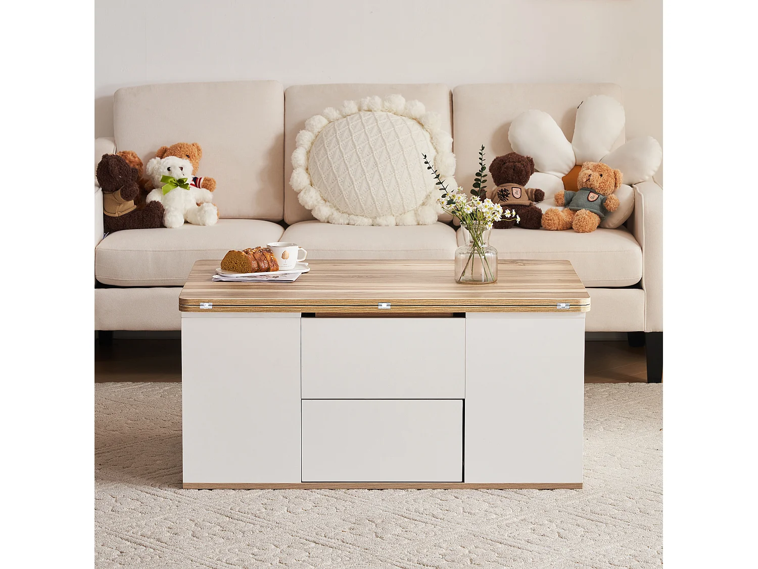 Table basse 100x51x47 cm avec deux tiroirs et étagères ouvertes Panneaux de particules en blanc pour salon