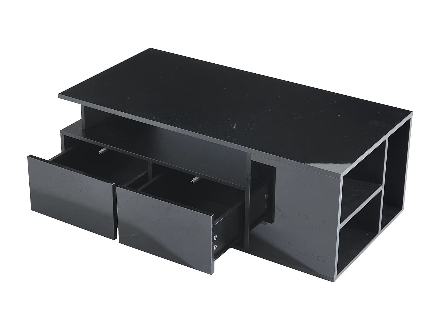 Table basse 100x50x35 cm, LED via appli, 2 tiroirs et rangements latéraux, panneau de particules, noir