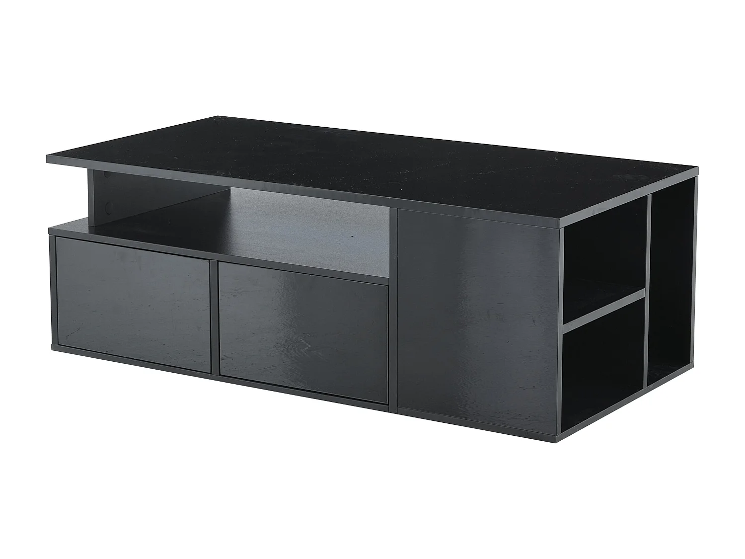 Table basse 100x50x35 cm, LED via appli, 2 tiroirs et rangements latéraux, panneau de particules, noir