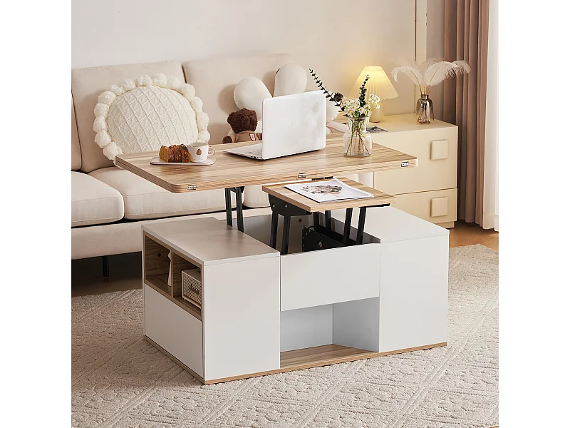 Table basse 100x51x47 cm avec deux tiroirs et étagères ouvertes Panneaux de particules en blanc pour salon