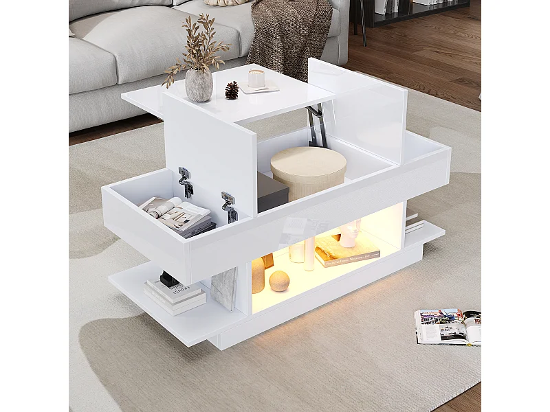 Table basse 98x45x54.5 cm avec LED Bureau relevable Rangement Panneaux de particules en blanc pour salon