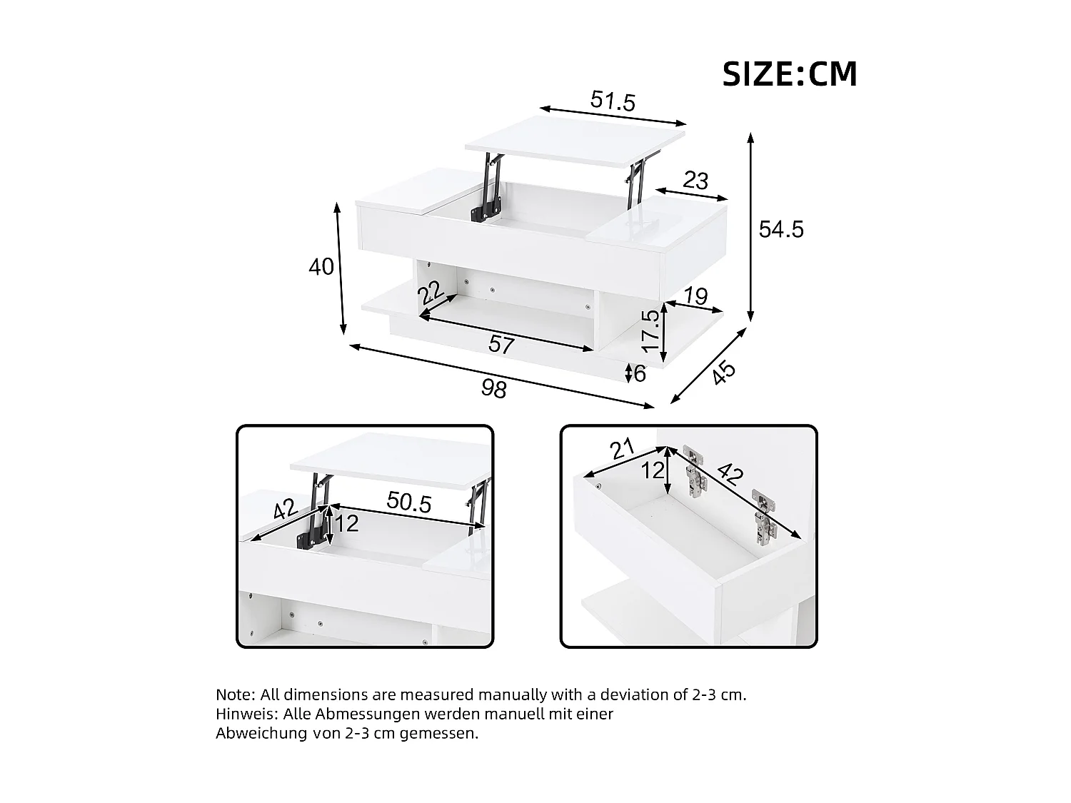 Table basse 98x45x54.5 cm avec LED Bureau relevable Rangement Panneaux de particules en blanc pour salon