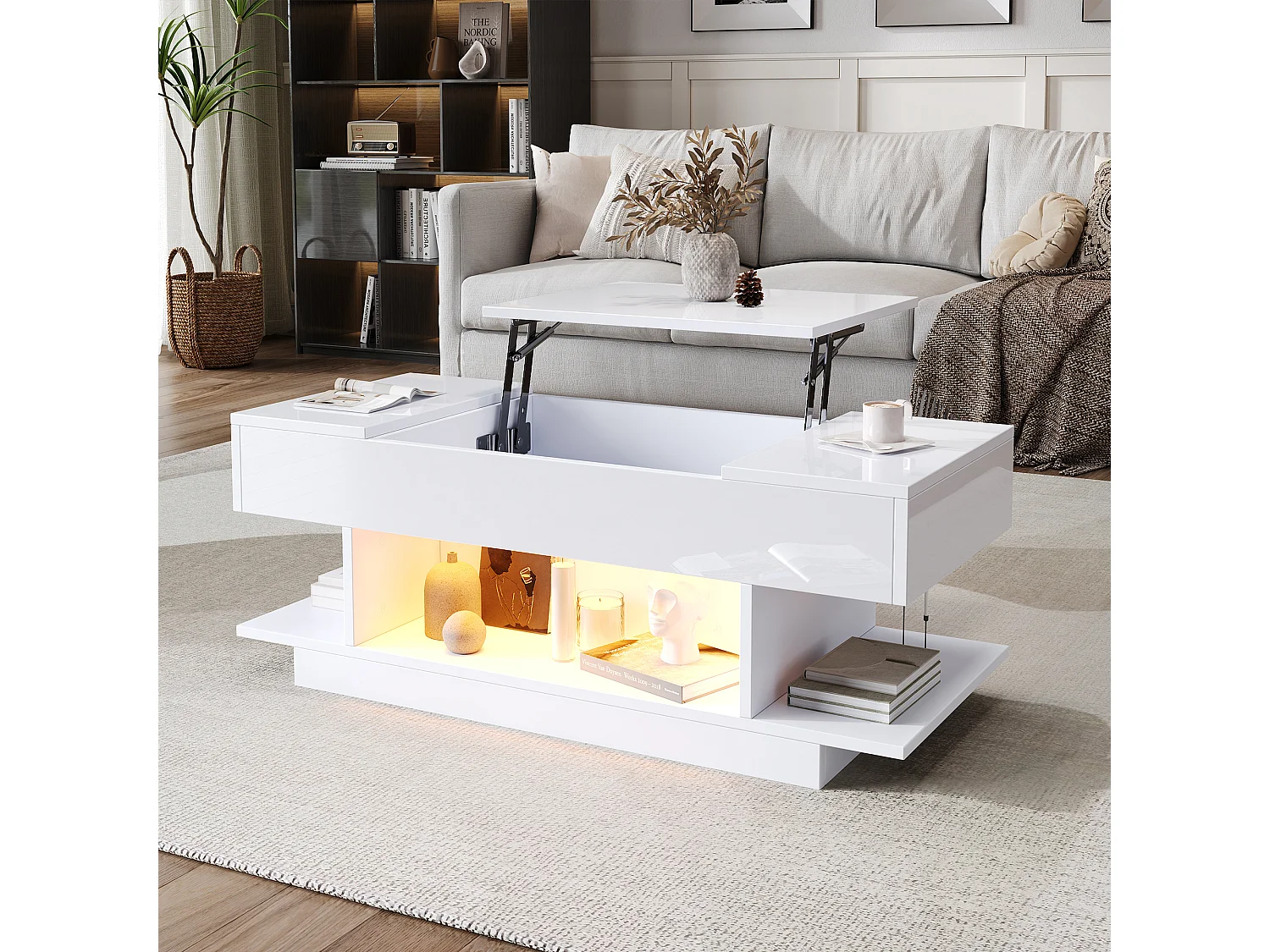 Table basse 98x45x54.5 cm avec LED Bureau relevable Rangement Panneaux de particules en blanc pour salon