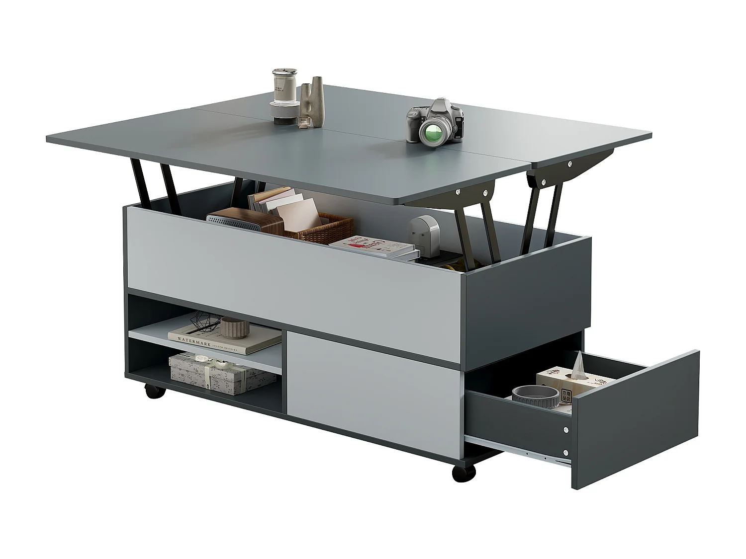 Table basse 100 x 98 x 65 cm meuble salon moderne à roulettes et tiroirs bois gris et blanc