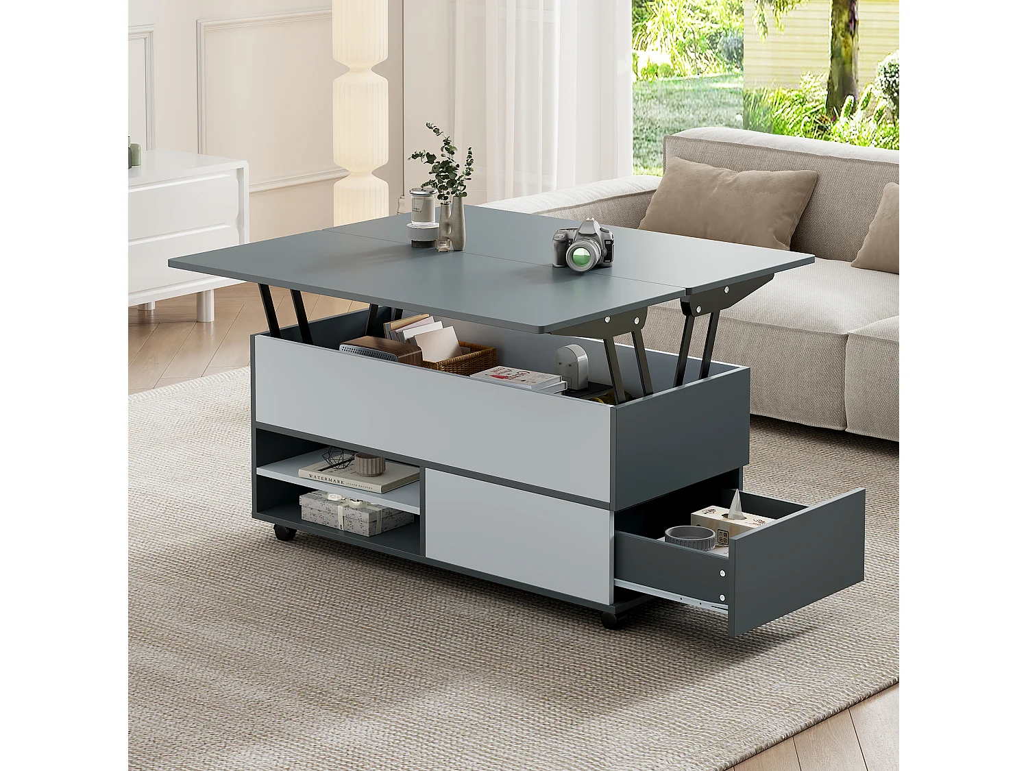 Table basse 100 x 98 x 65 cm meuble salon moderne à roulettes et tiroirs bois gris et blanc