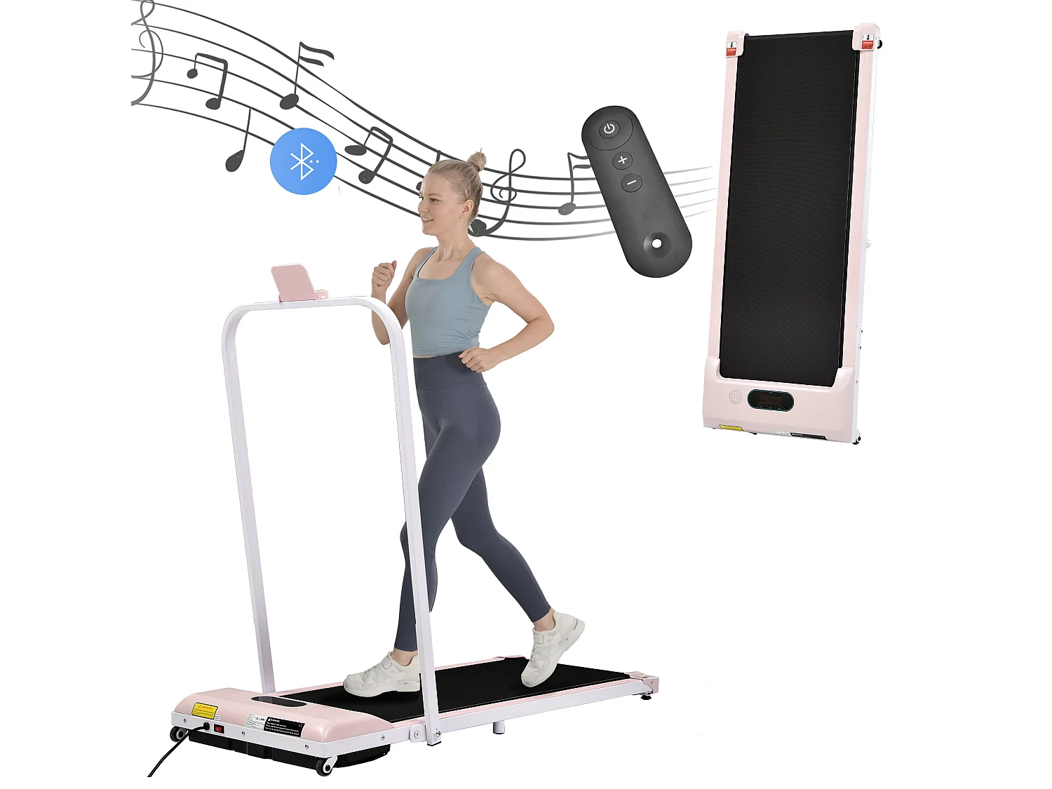 Tapis de Course 119.5x54x105 cm avec LED d'une télécommande et d'un haut-parleur Bluetooth rose pour salon et le bureau