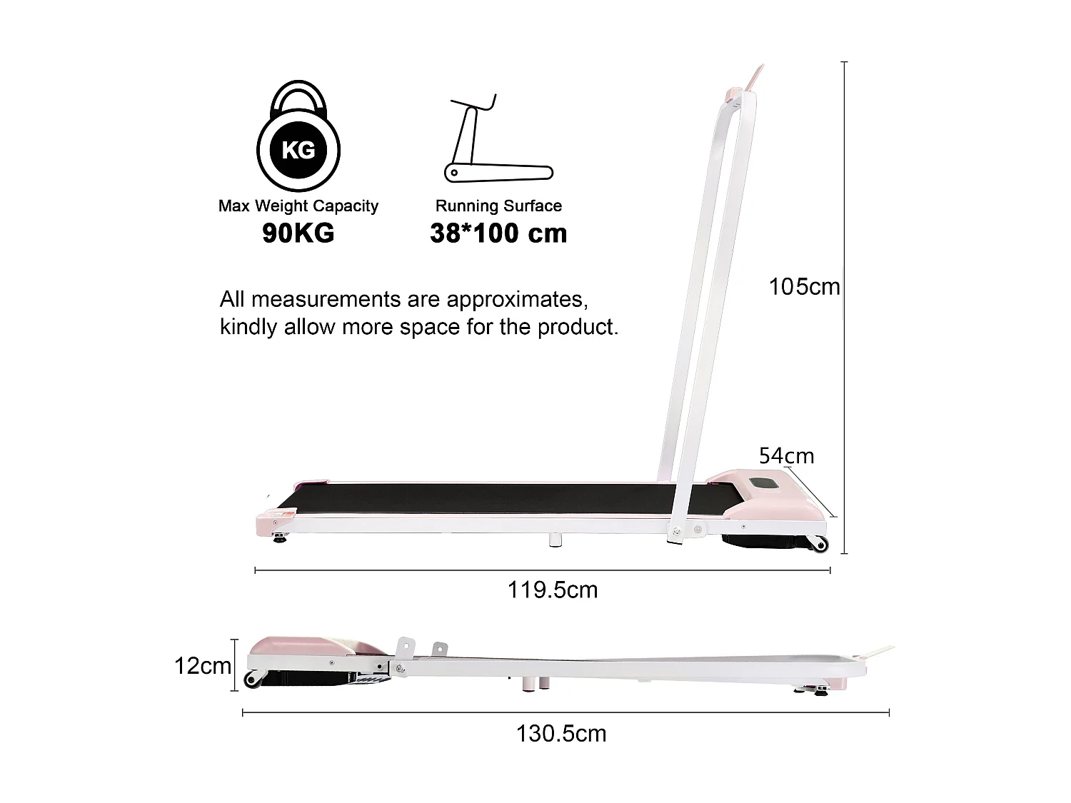 Roze loopband, 119,5x54x105 cm, met LED-verlichting, afstandsbediening en Bluetooth-luidspreker, voor woonkamer en kantoor