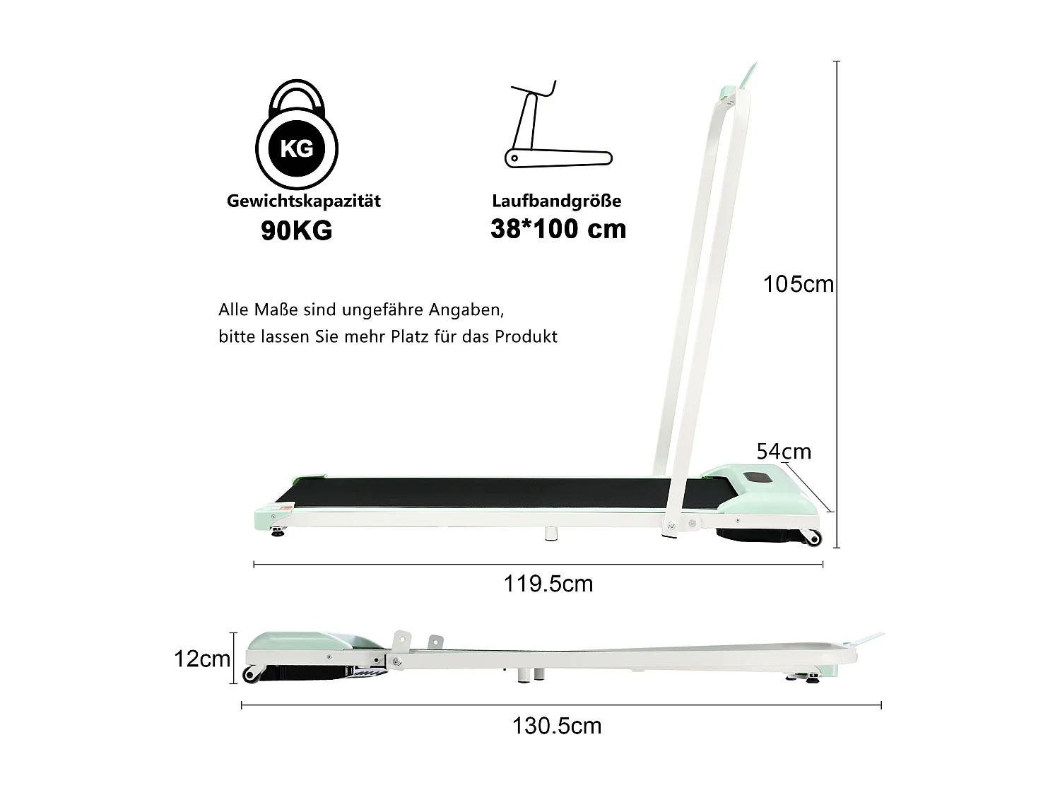 Loopband 119,5x54x105 cm met LED, afstandsbediening en groene Bluetooth-luidspreker voor woonkamer en kantoor