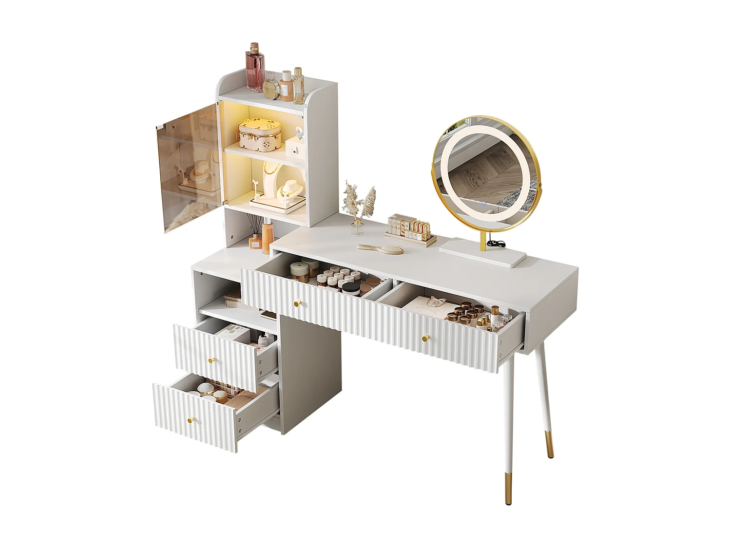 Coiffeuse 100x40x125 cm avec LED Quatre tiroirs et étagères ouvertes Panneaux de particules en blanc pour Chambre et dressing