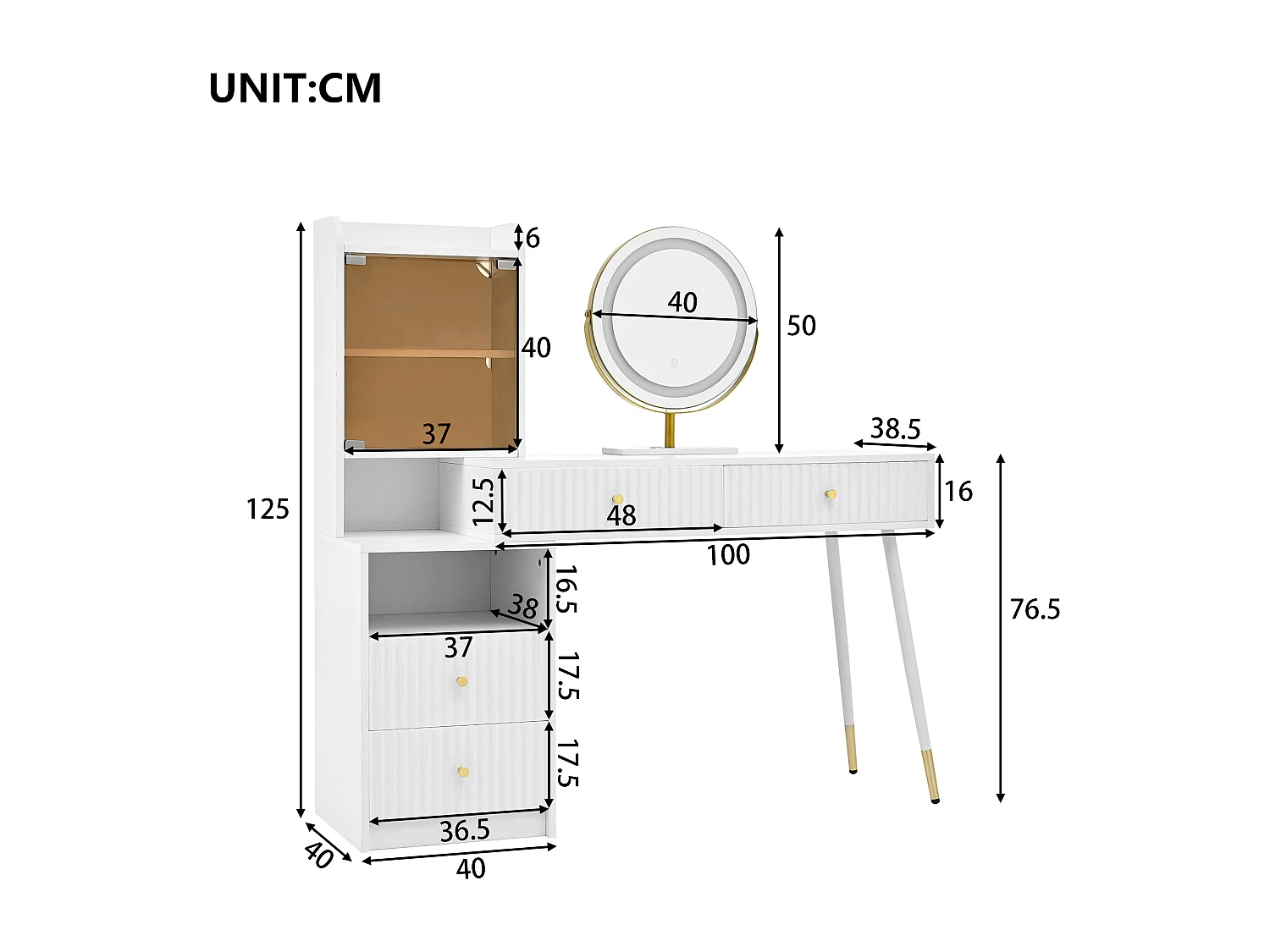 Coiffeuse 100x40x125 cm avec LED Quatre tiroirs et étagères ouvertes Panneaux de particules en blanc pour Chambre et dressing