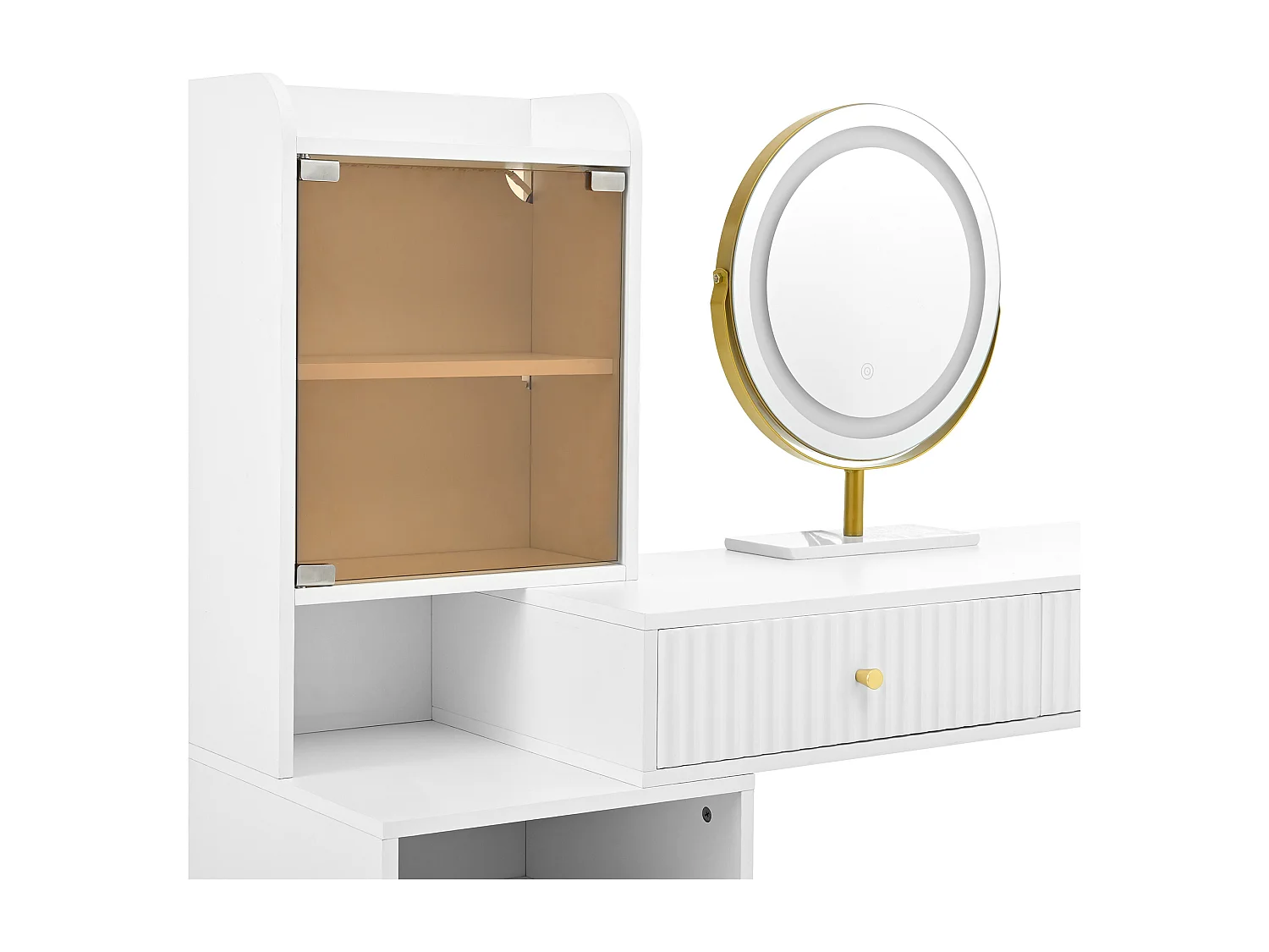 Coiffeuse 100x40x125 cm avec LED Quatre tiroirs et étagères ouvertes Panneaux de particules en blanc pour Chambre et dressing