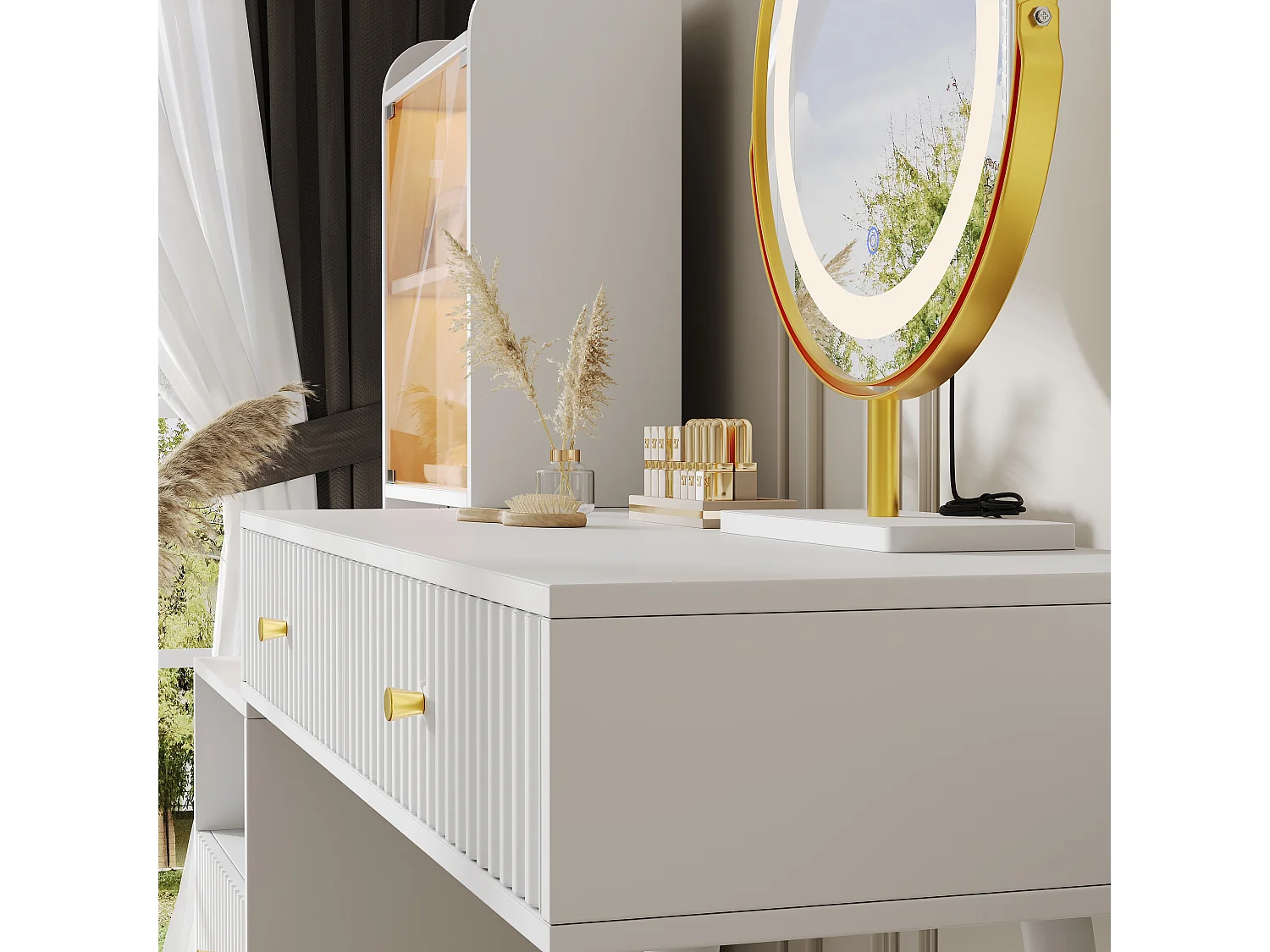 Coiffeuse 100x40x125 cm avec LED Quatre tiroirs et étagères ouvertes Panneaux de particules en blanc pour Chambre et dressing