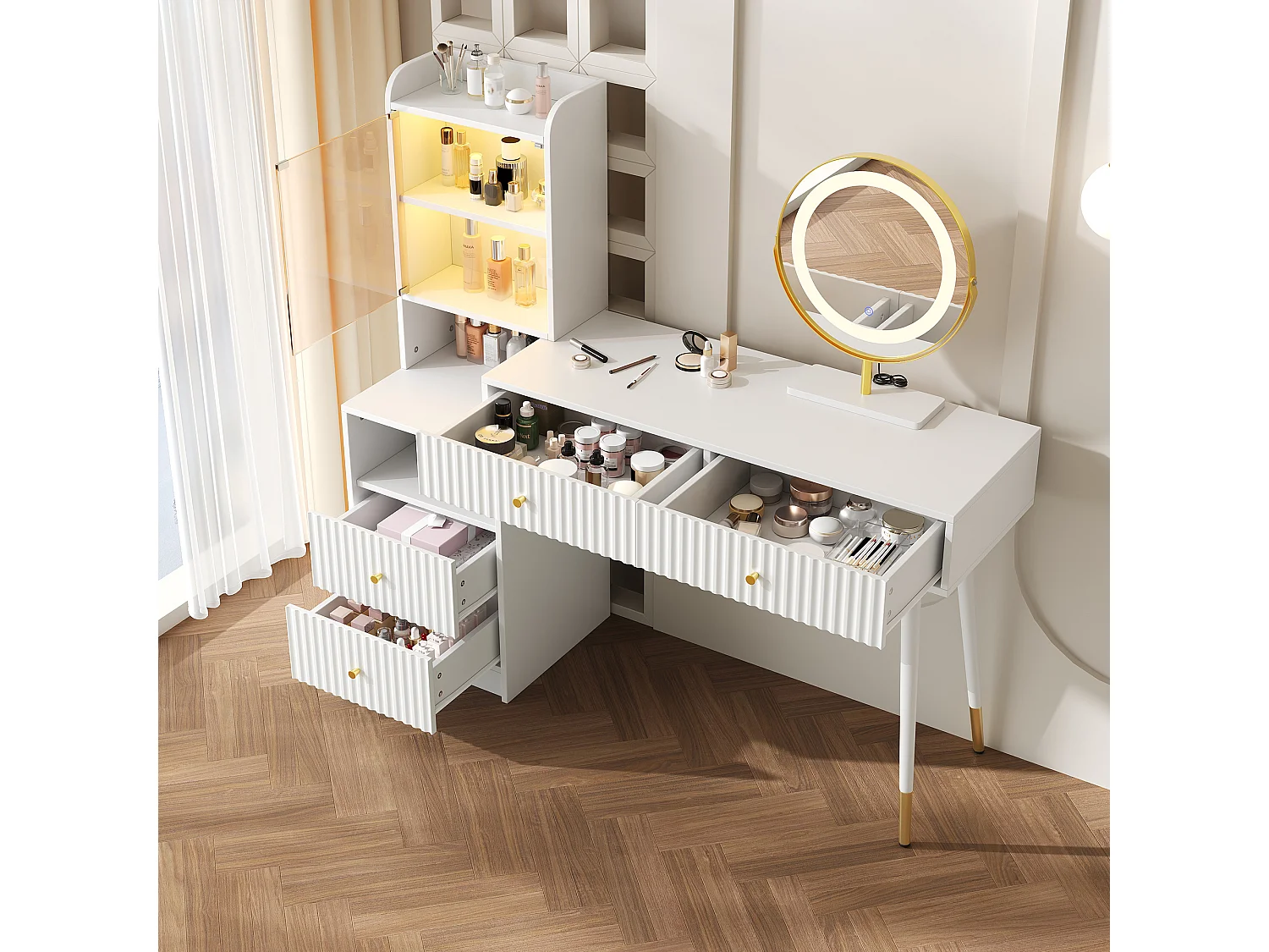 Coiffeuse 100x40x125 cm avec LED Quatre tiroirs et étagères ouvertes Panneaux de particules en blanc pour Chambre et dressing