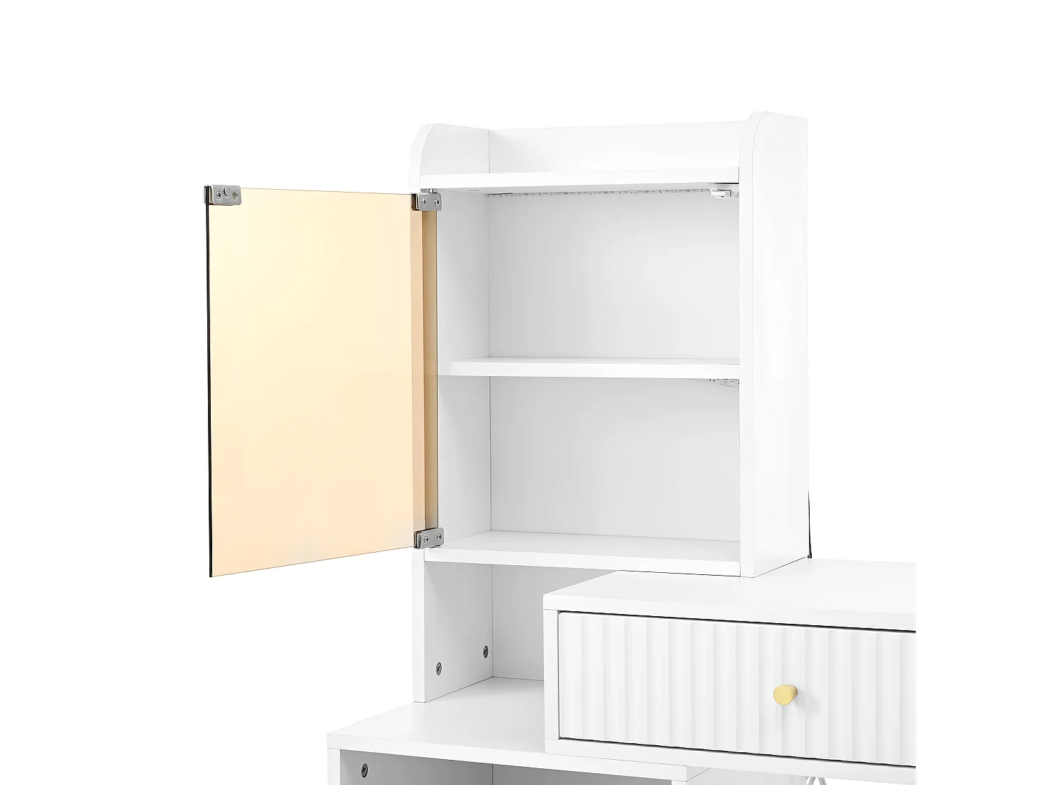 Coiffeuse 100x40x125 cm, miroir LED 3 couleurs avec intensité réglable, 4 tiroirs, vitrine éclairée, panneau de particules blanc