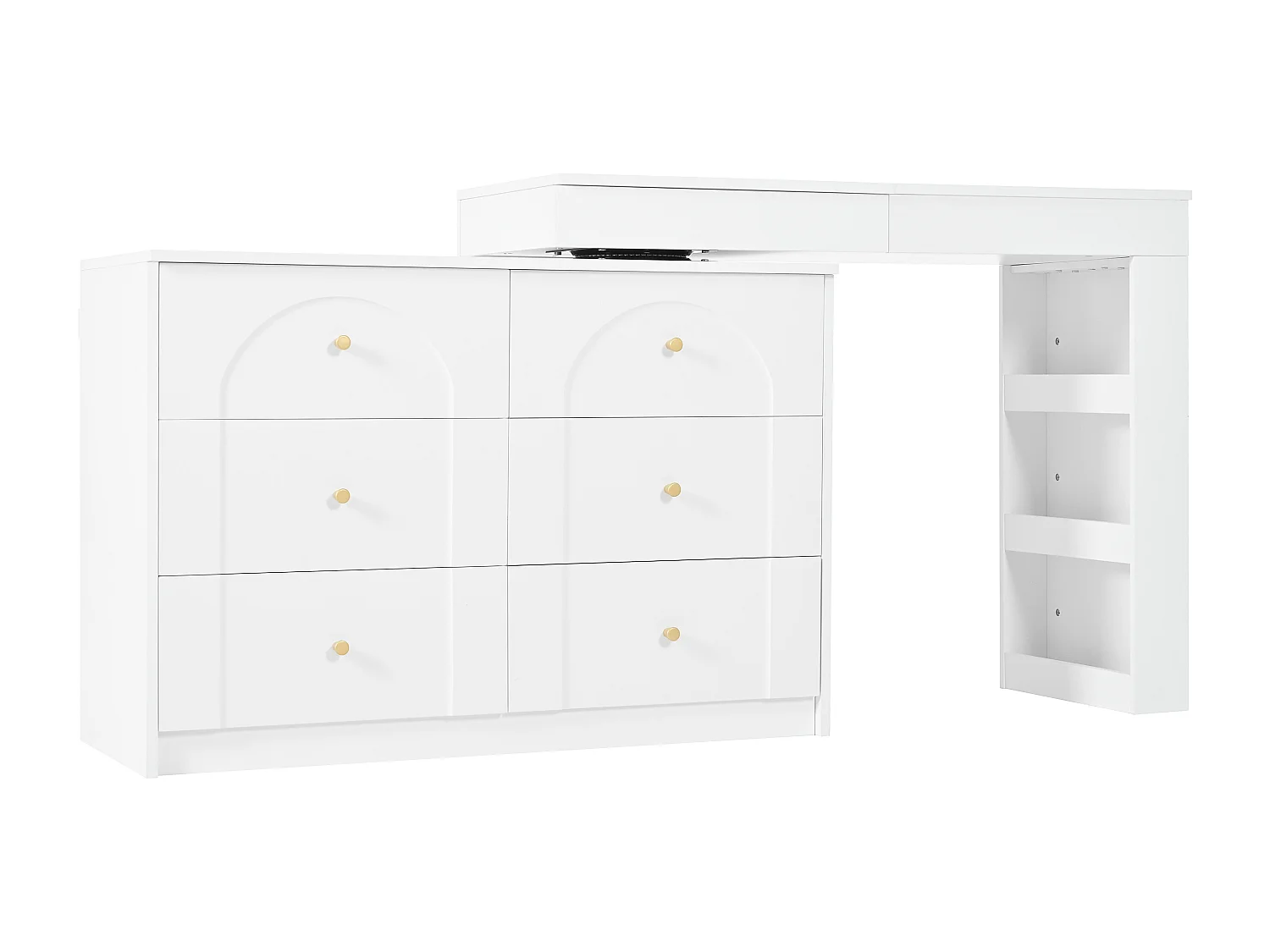 Coiffeuse 105x40x80 cm avec LED Sept tiroirs et étagères latérales ouvertes Bureau pliable Panneaux de particules en blanc pour Chambre