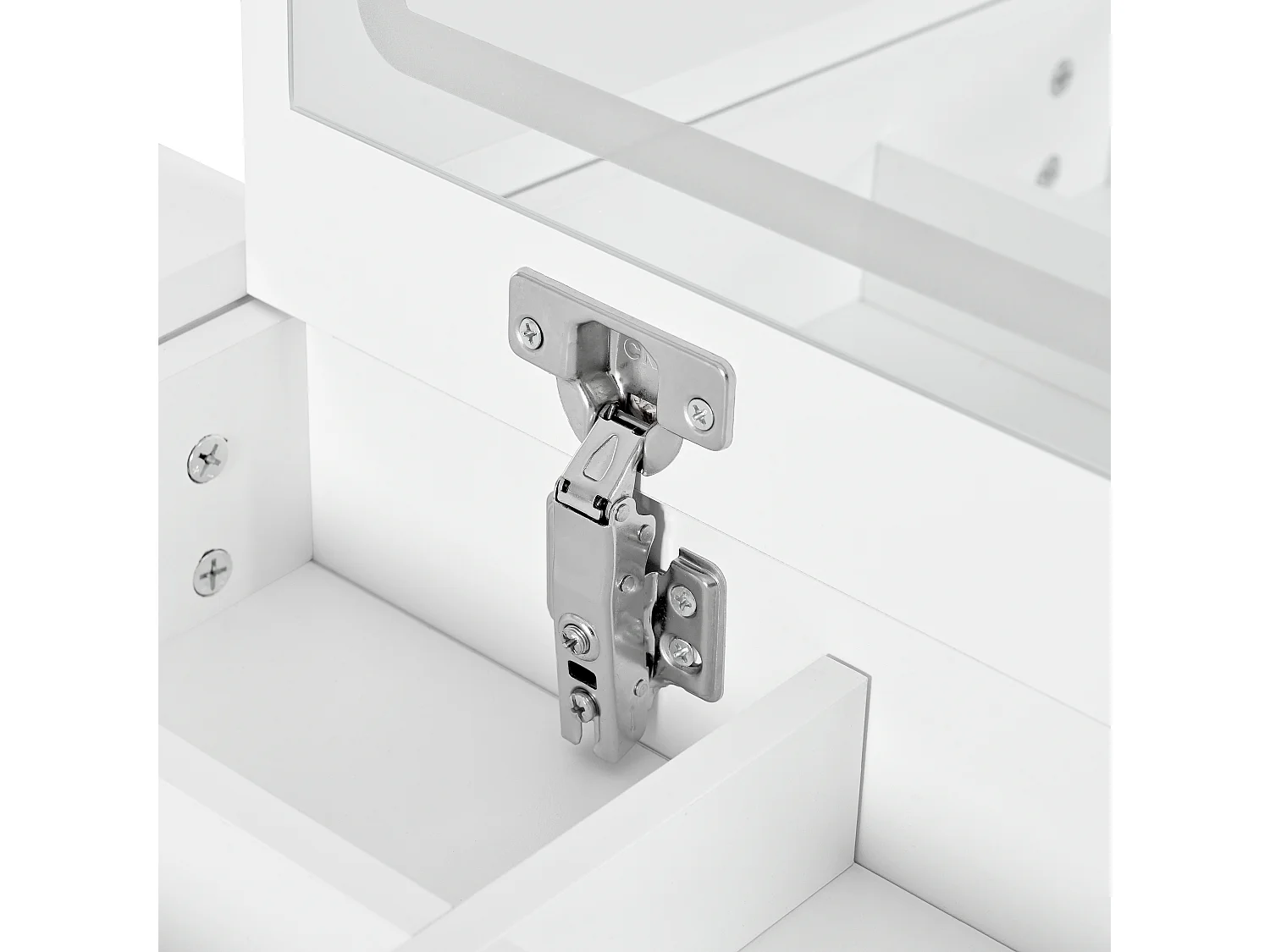 Coiffeuse 105x40x80 cm avec LED Sept tiroirs et étagères latérales ouvertes Bureau pliable Panneaux de particules en blanc pour Chambre