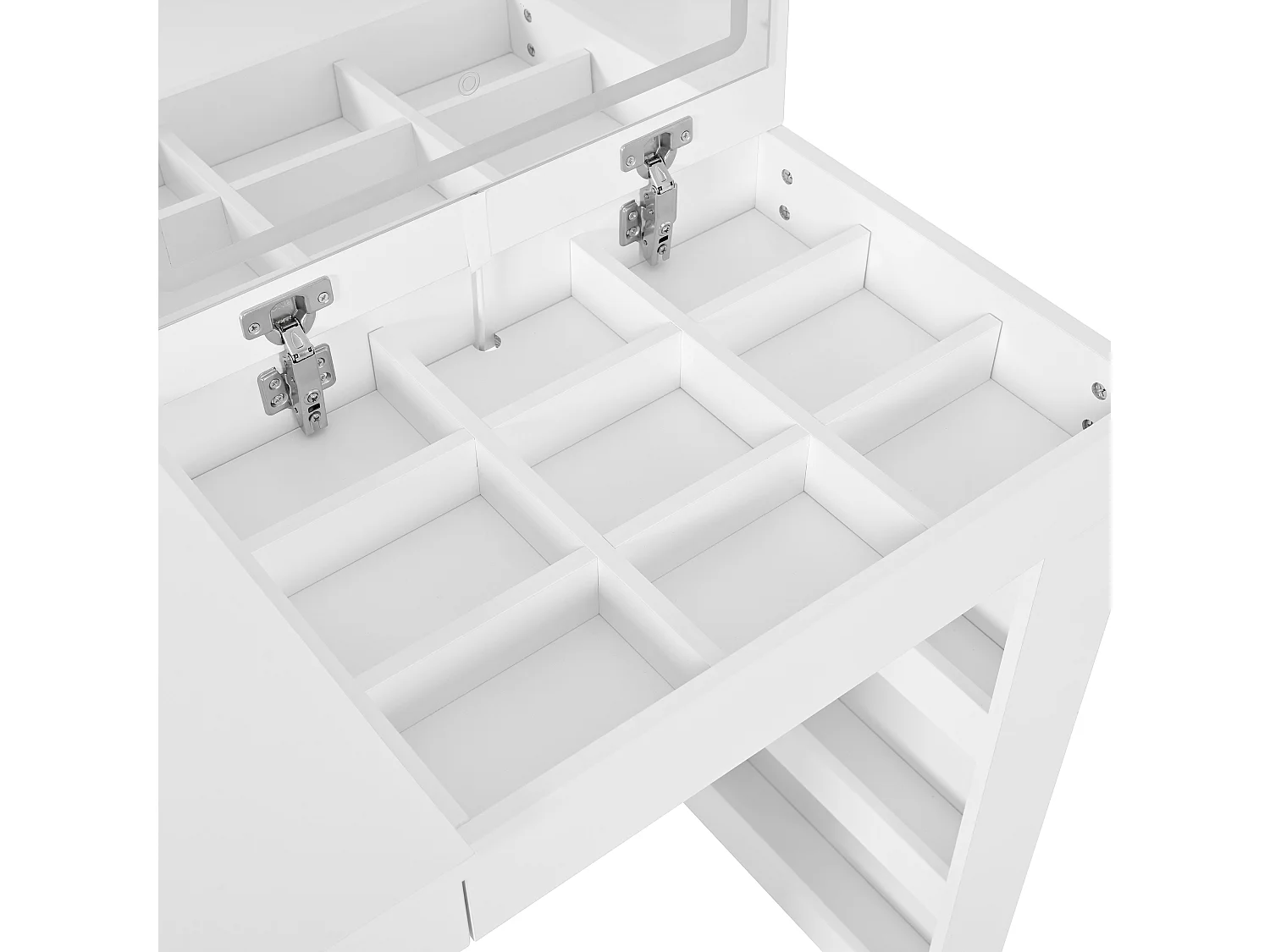 Coiffeuse 105x40x80 cm avec LED Sept tiroirs et étagères latérales ouvertes Bureau pliable Panneaux de particules en blanc pour Chambre