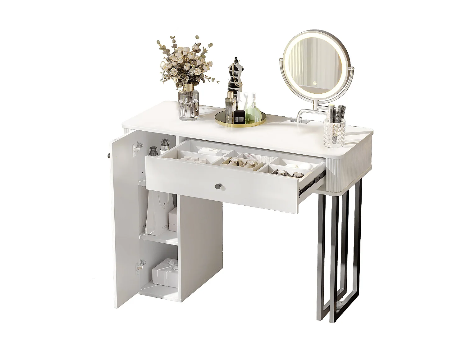 Coiffeuse 100x40x116 cm avec LED Miroir et tiroirs et armoires de rangement Panneaux de particules en blanc pour Chambre et dressing