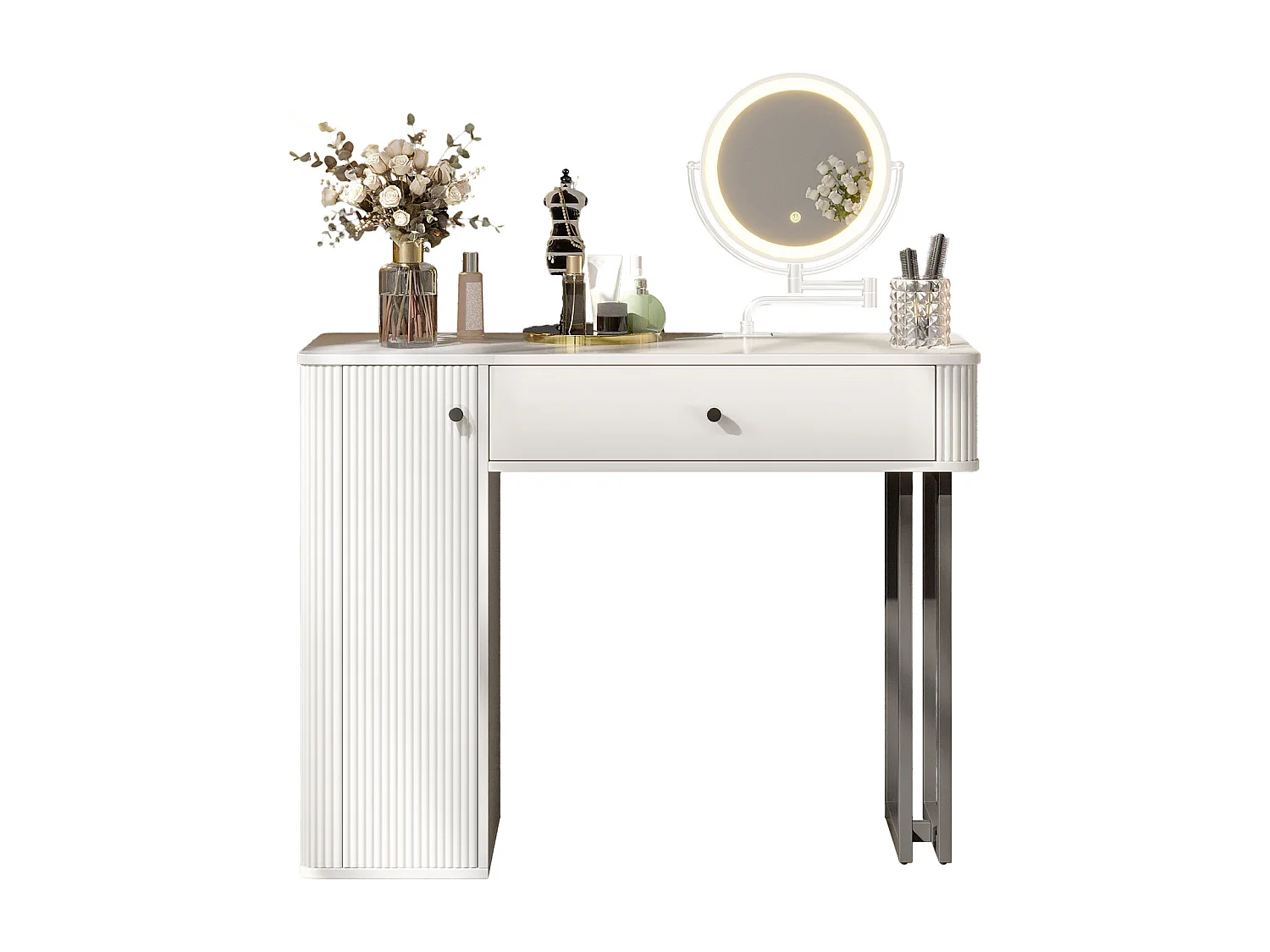 Coiffeuse 100x40x116 cm avec LED Miroir et tiroirs et armoires de rangement Panneaux de particules en blanc pour Chambre et dressing