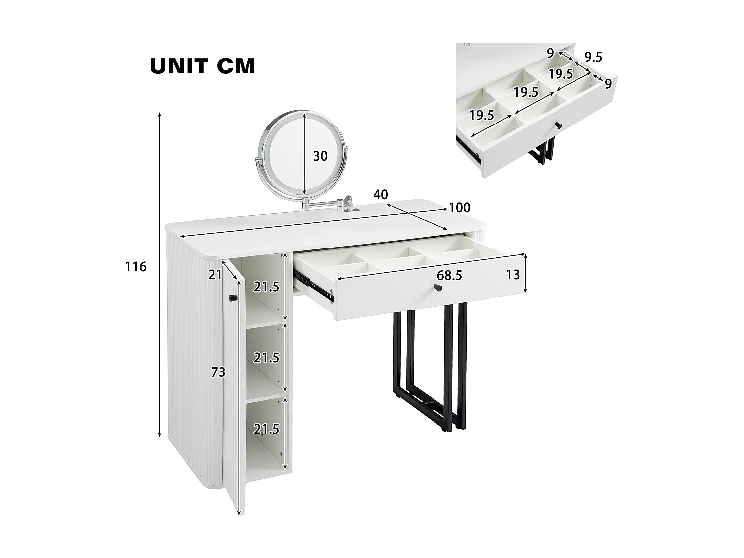Coiffeuse 100x40x116 cm avec LED Miroir et tiroirs et armoires de rangement Panneaux de particules en blanc pour Chambre et dressing