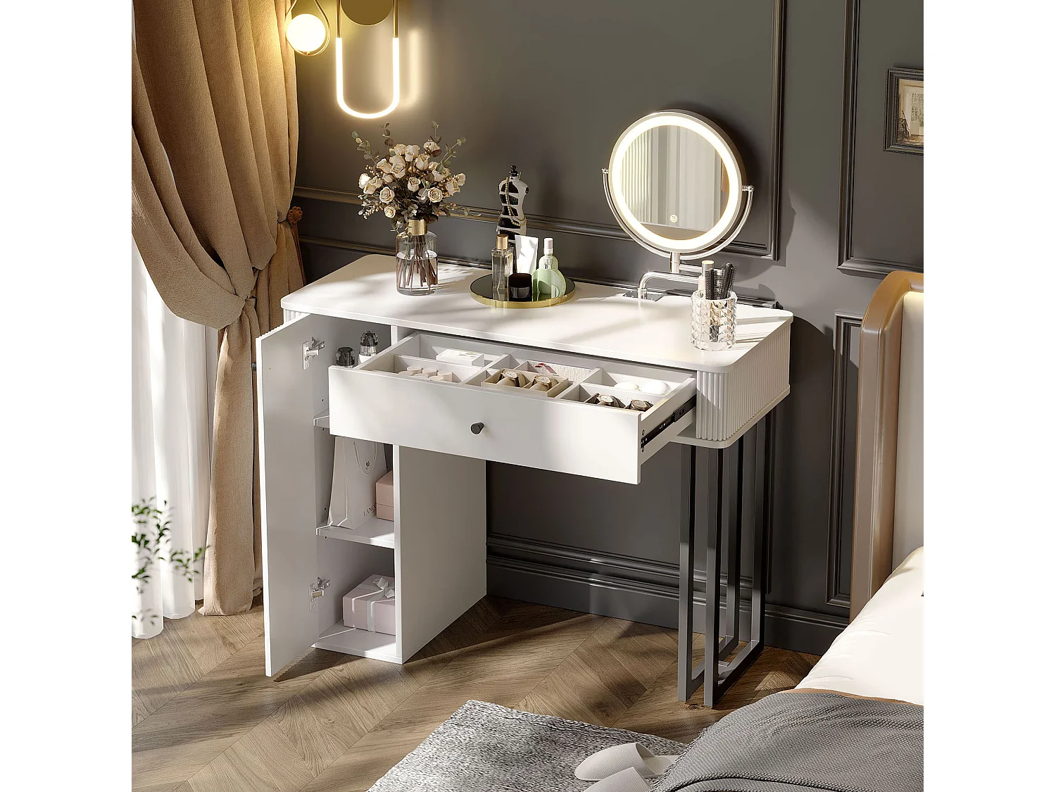 Coiffeuse 100x40x116 cm avec LED Miroir et tiroirs et armoires de rangement Panneaux de particules en blanc pour Chambre et dressing