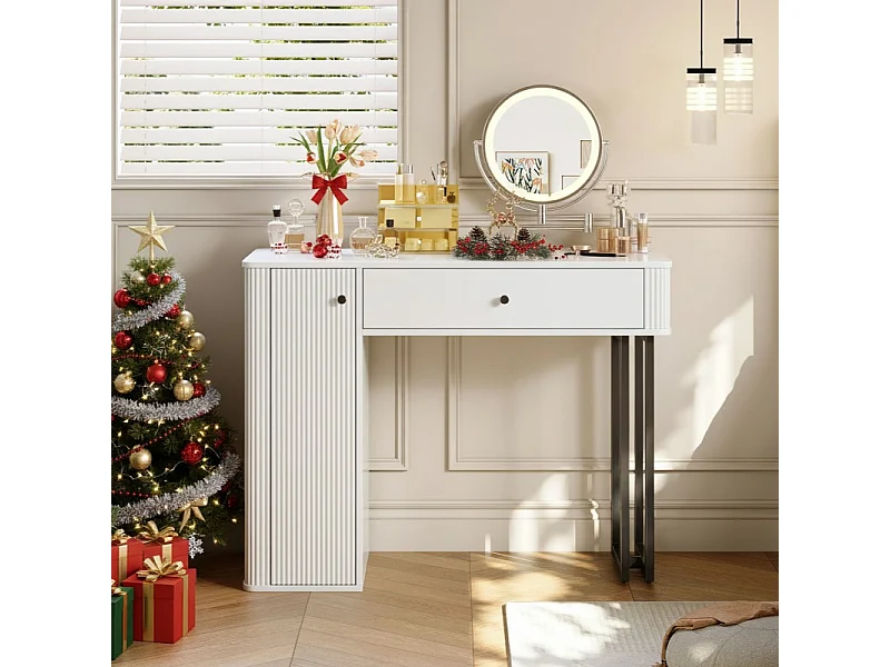 Coiffeuse 100x40x116 cm, miroir LED dimmable 3 températures, 1 tiroir compartimenté, armoire 3 niveaux, panneau de particules blanc