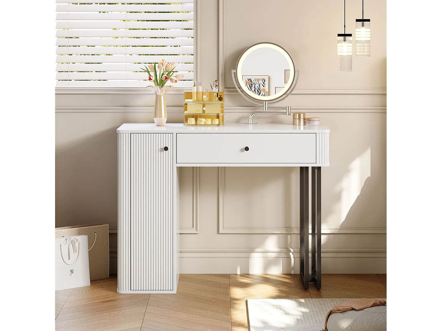 Coiffeuse 100x40x116 cm, miroir LED dimmable 3 températures, 1 tiroir compartimenté, armoire 3 niveaux, panneau de particules blanc