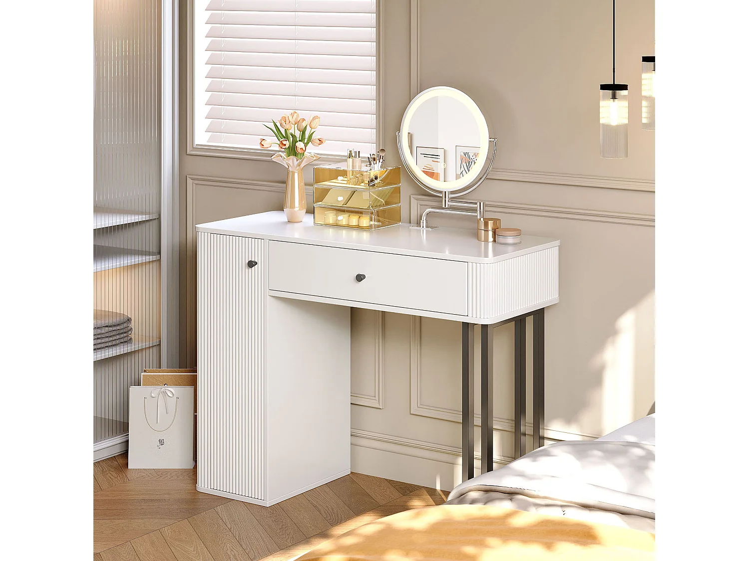 Coiffeuse 100x40x116 cm, miroir LED dimmable 3 températures, 1 tiroir compartimenté, armoire 3 niveaux, panneau de particules blanc