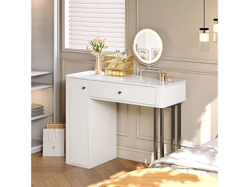 Coiffeuse 100x40x116 cm avec LED Miroir et tiroirs et armoires de rangement Panneaux de particules en blanc pour Chambre et dressing