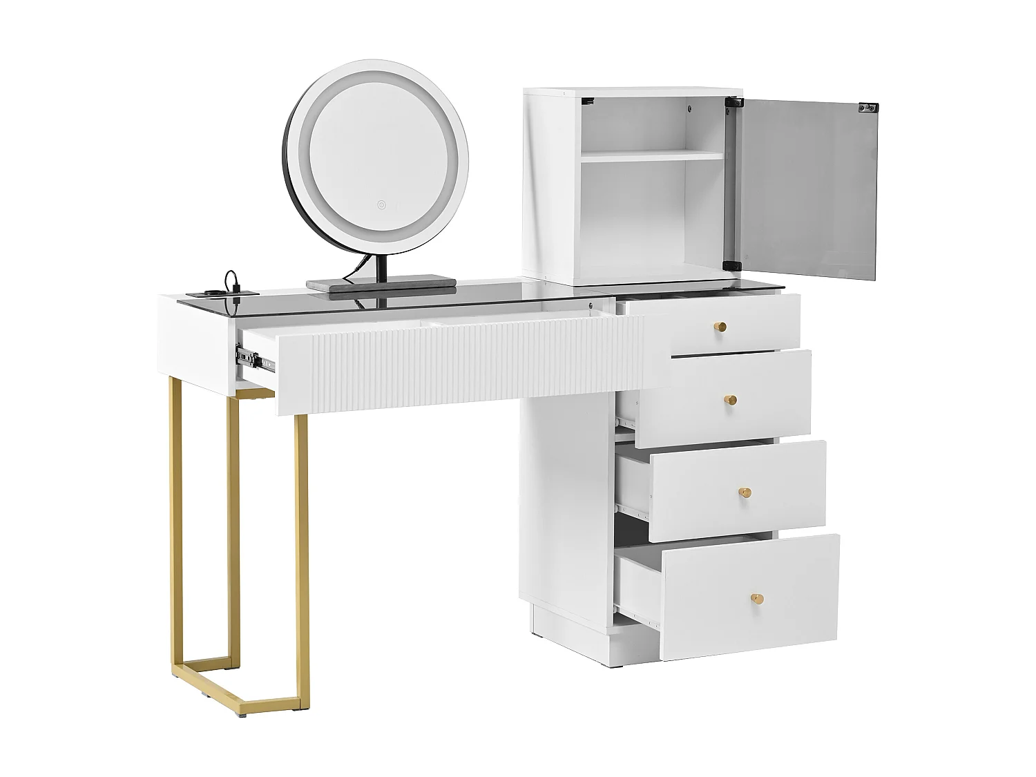 Coiffeuse 120x40x120 cm, miroir LED 3 couleurs réglable, 5 tiroirs et 1 placard, MDF verre blanc