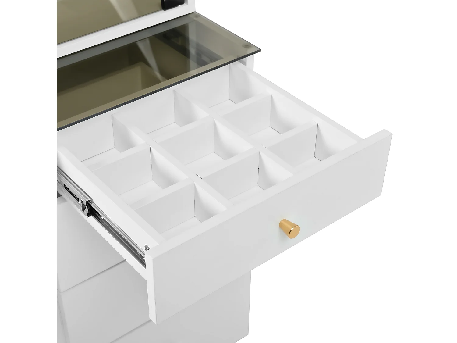 Coiffeuse 120x40x120 cm, miroir LED 3 couleurs réglable, 5 tiroirs et 1 placard, MDF verre blanc