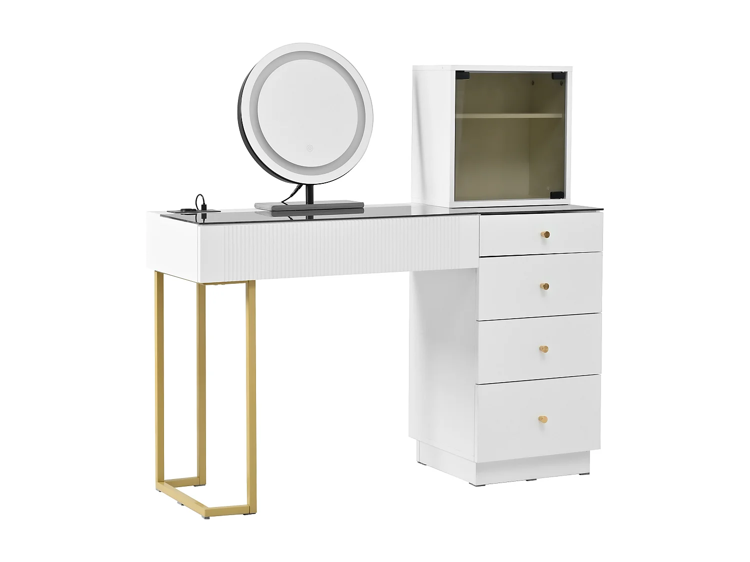 Coiffeuse 120x40x120 cm, miroir LED 3 couleurs réglable, 5 tiroirs et 1 placard, MDF verre blanc