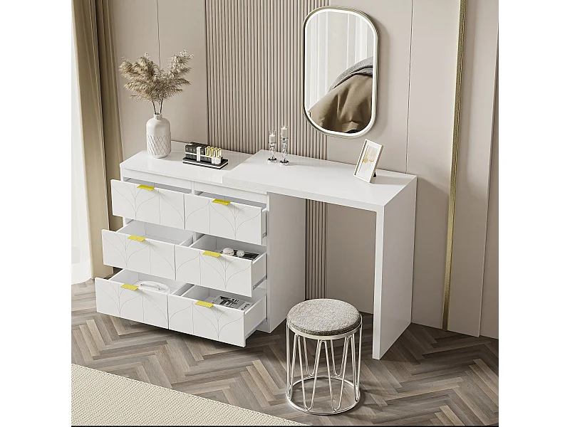 Coiffeuse (80/80.2)x40x76.5 cm avec six tiroirs et placards latéraux Matériau MDF en blanc pour Chambre