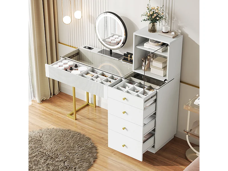 Coiffeuse 120x40x120cm avec miroir à éclairage LED 5 tiroirs et 1 armoire en blanc pour chambre à coucher