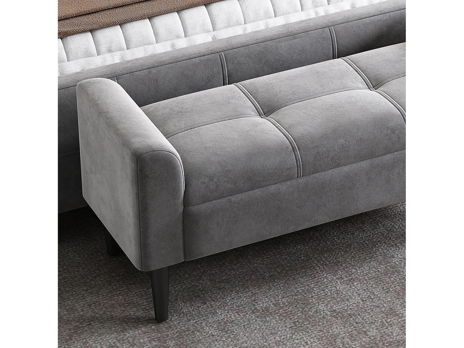 Banc de lit 116x44x56 cm avec accoudoirs latéraux Revêtement en velours en gris pour Chambre et salon