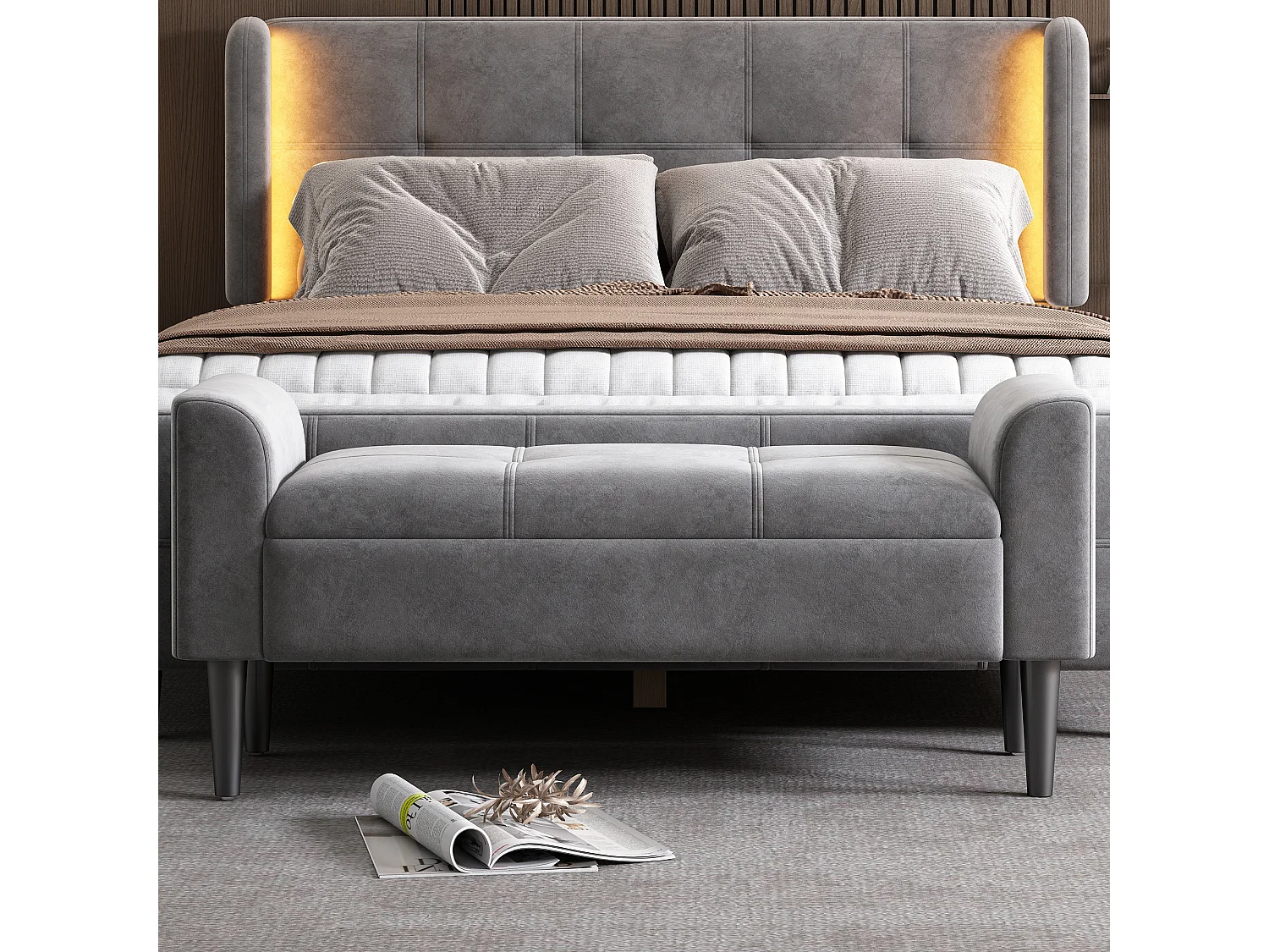 Banc de lit 116x44x56 cm avec accoudoirs latéraux Revêtement en velours en gris pour Chambre et salon