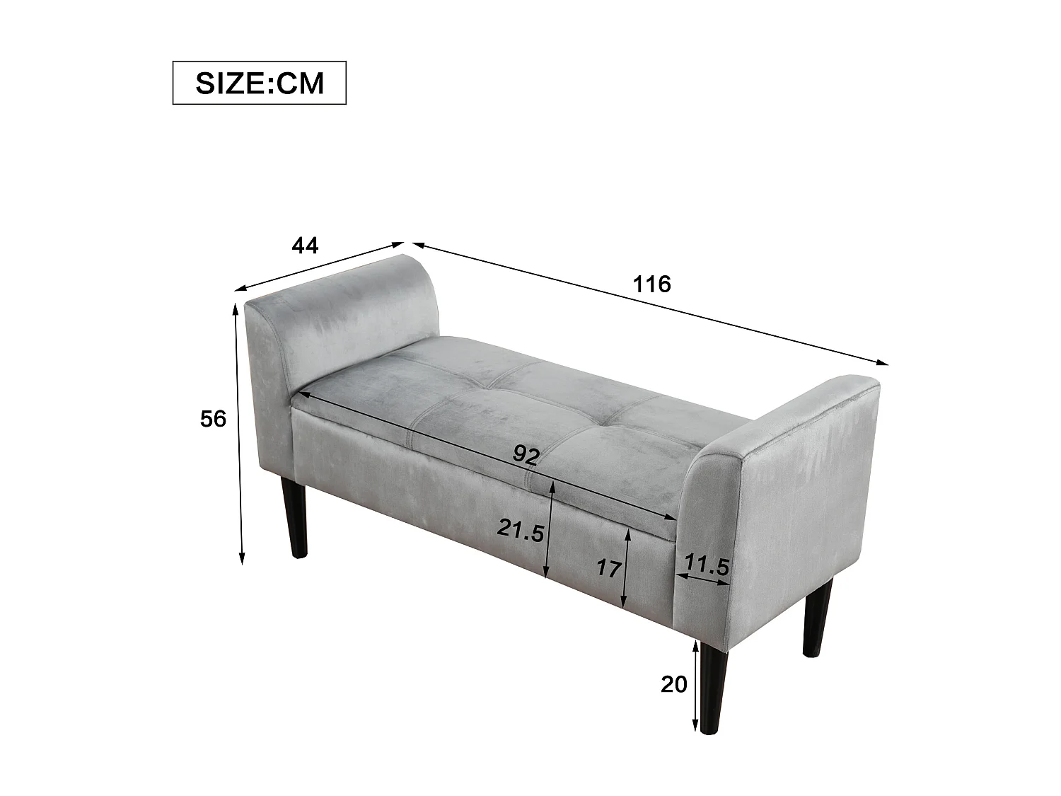 Banc de lit 116x44x56 cm avec accoudoirs latéraux Revêtement en velours en gris pour Chambre et salon