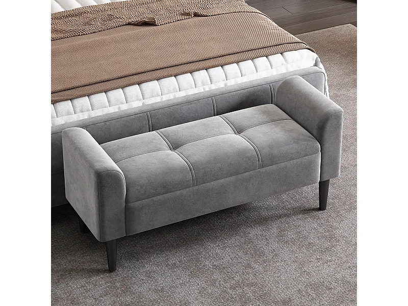 Banc de lit 116x44x56 cm avec accoudoirs latéraux Revêtement en velours en gris pour Chambre et salon