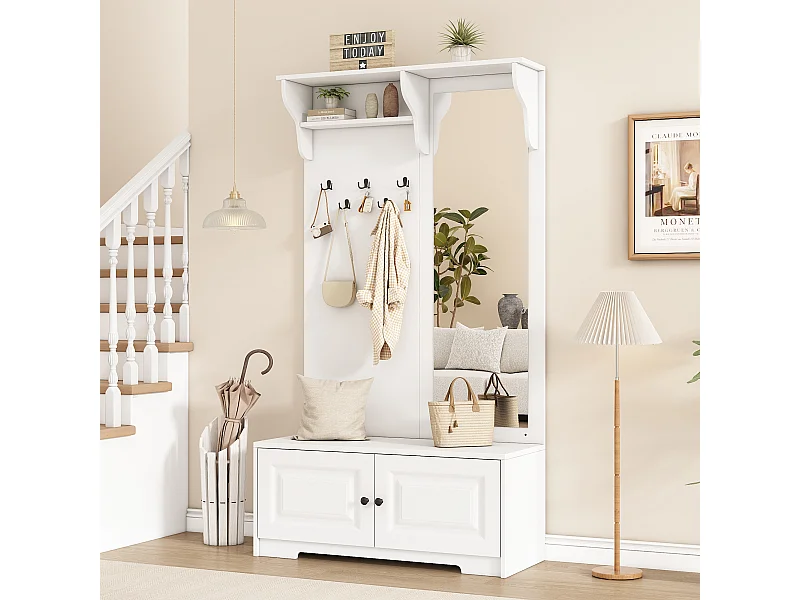 Armoire 100x40x180 cm avec miroir Cinq crochets et deux placards et étagères Matériaux MDF en blanc pour salon et Couloir