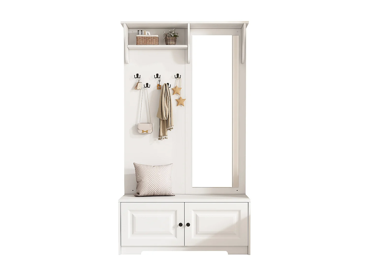 Armoire 100x40x180 cm avec miroir Cinq crochets et deux placards et étagères Matériaux MDF en blanc pour salon et Couloir